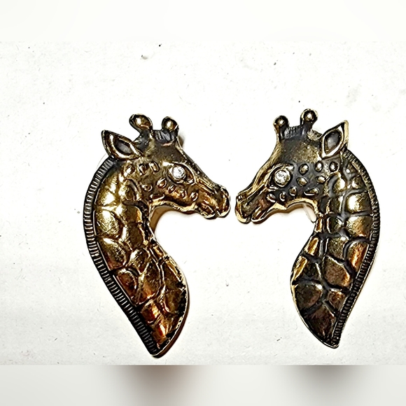 Vintage Bold Gold 1980s Giraffe clear stone eyes clip on earrings #giraffelover - Picture 1 of 11